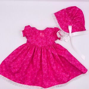 Bright Pink W Lace Pioneer Doll Dress & Bonnet, Handmade Outfit, For 18" Dolls